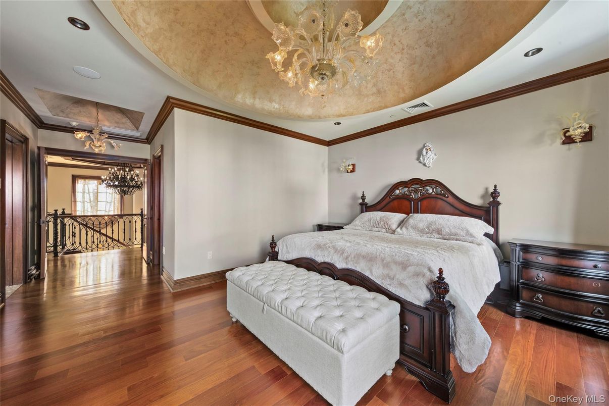 Bedroom, Chandelier, Interior, Recessed Lighting, Wood Texture Flooring