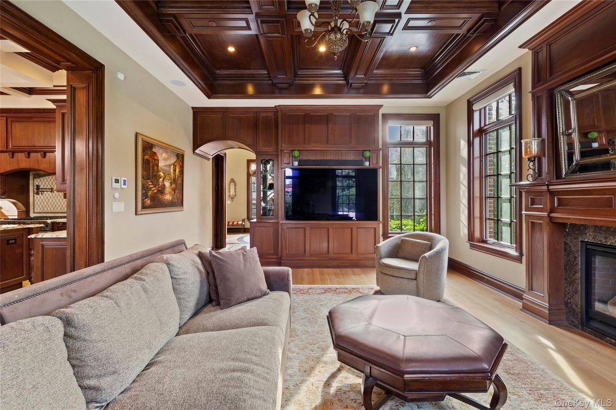 Fireplace, Interior, Living room, Recessed Lighting, Wooden Ceilings, Wood Texture Flooring
