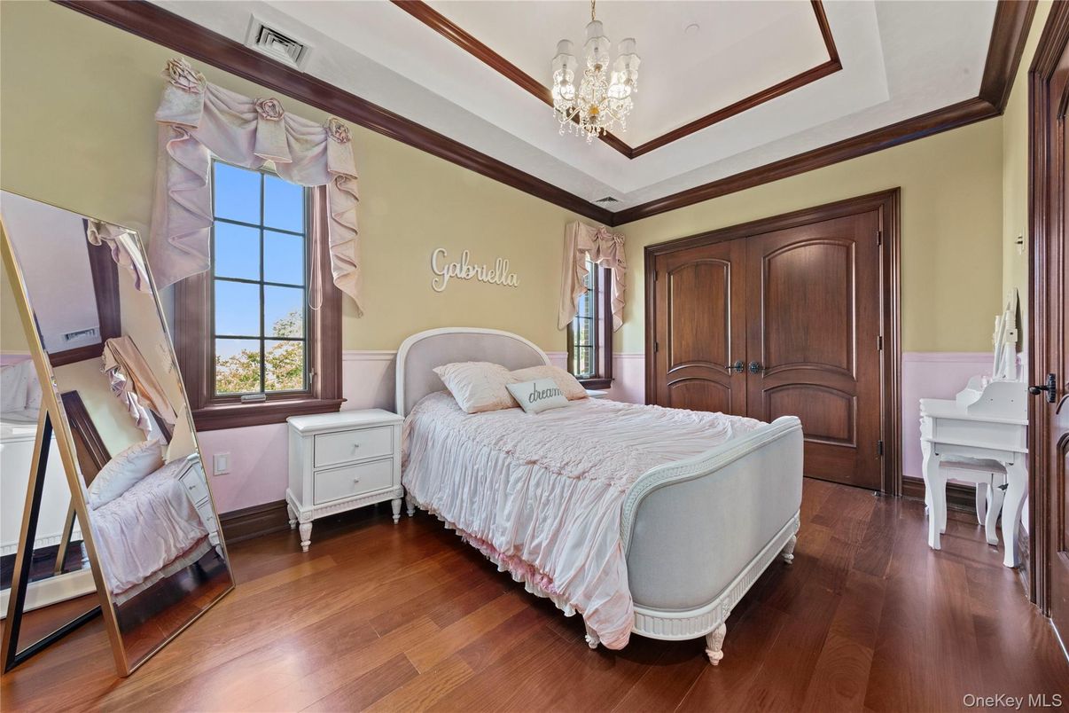 Bedroom, Chandelier, Interior, Wood Texture Flooring