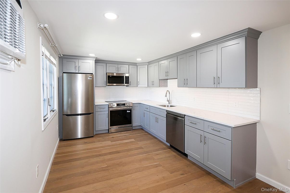 Interior, Kitchen, Recessed Lighting, Stainless Steel Appliances, Wood Texture Flooring