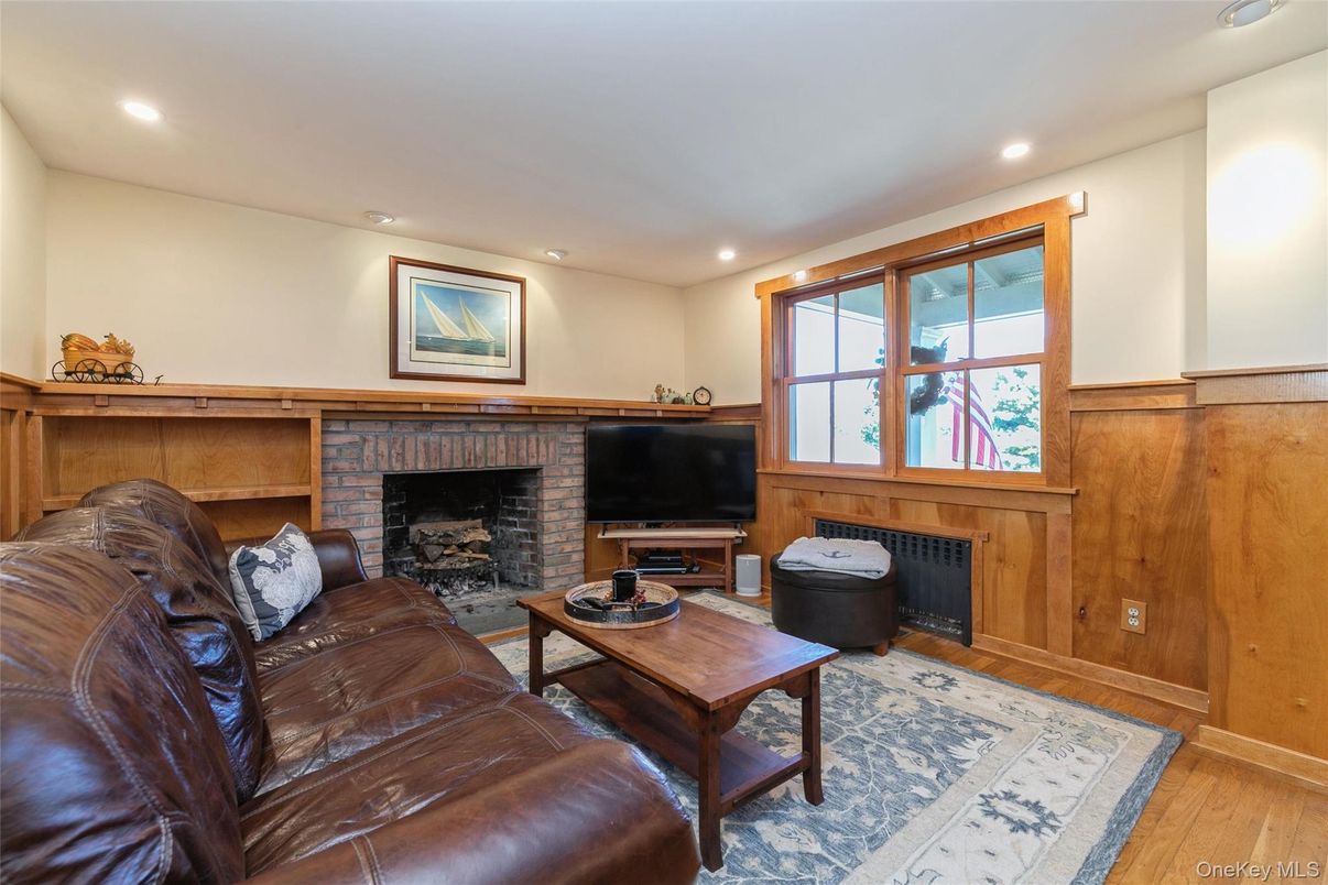 Fireplace, Interior, Living room, Recessed Lighting, Wood Texture Flooring, Wooden Walls