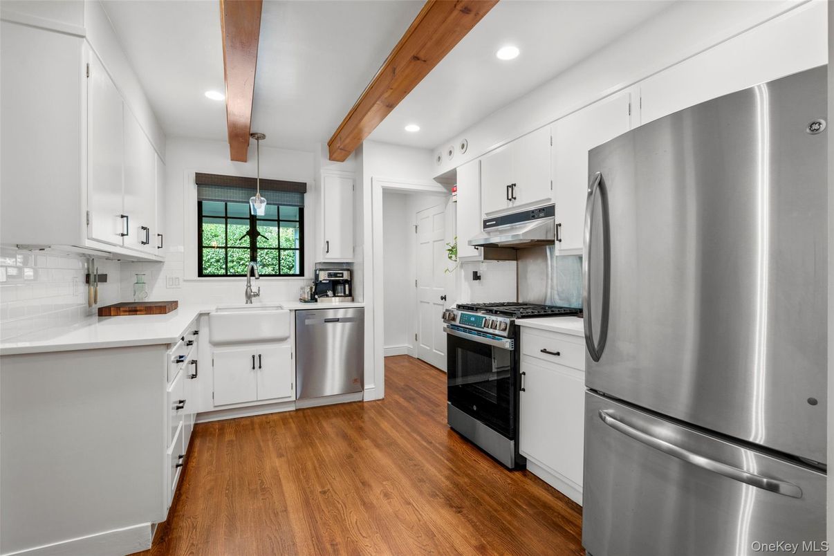 Interior, Kitchen, Recessed Lighting, Stainless Steel Appliances, Wooden Beams, Wood Texture Flooring