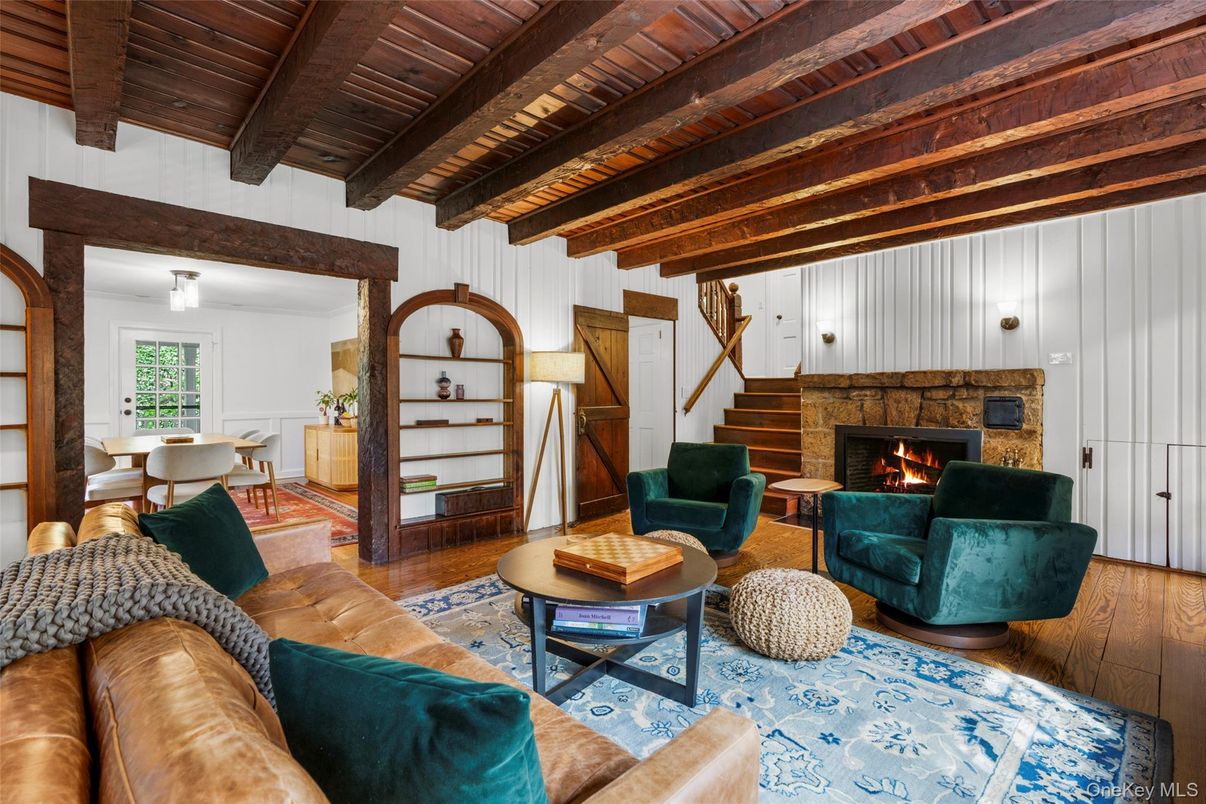 Dining room, Fireplace, Interior, Living room, Wooden Beams, Wooden Ceilings, Wood Texture Flooring