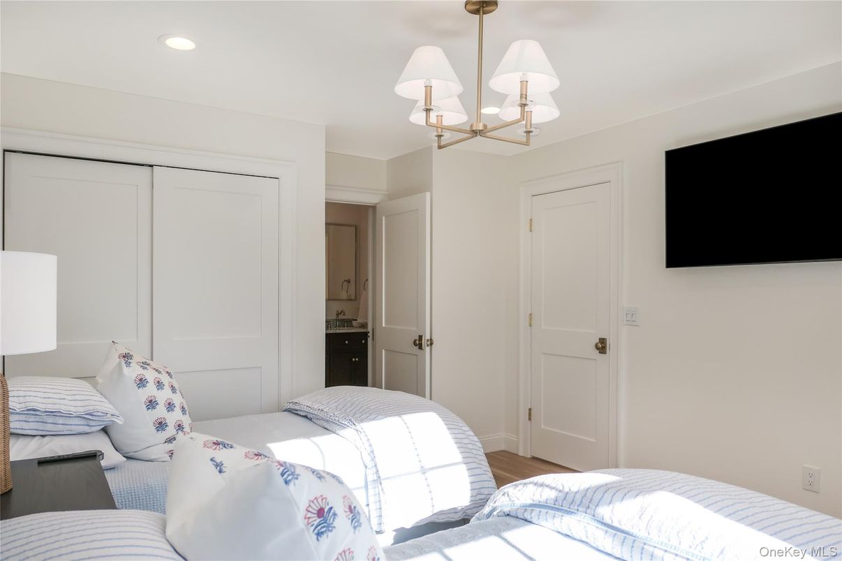 Bedroom, Chandelier, Interior, Recessed Lighting, Wood Texture Flooring