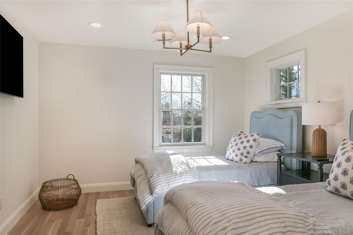 Bedroom, Chandelier, Interior, Recessed Lighting, Wood Texture Flooring