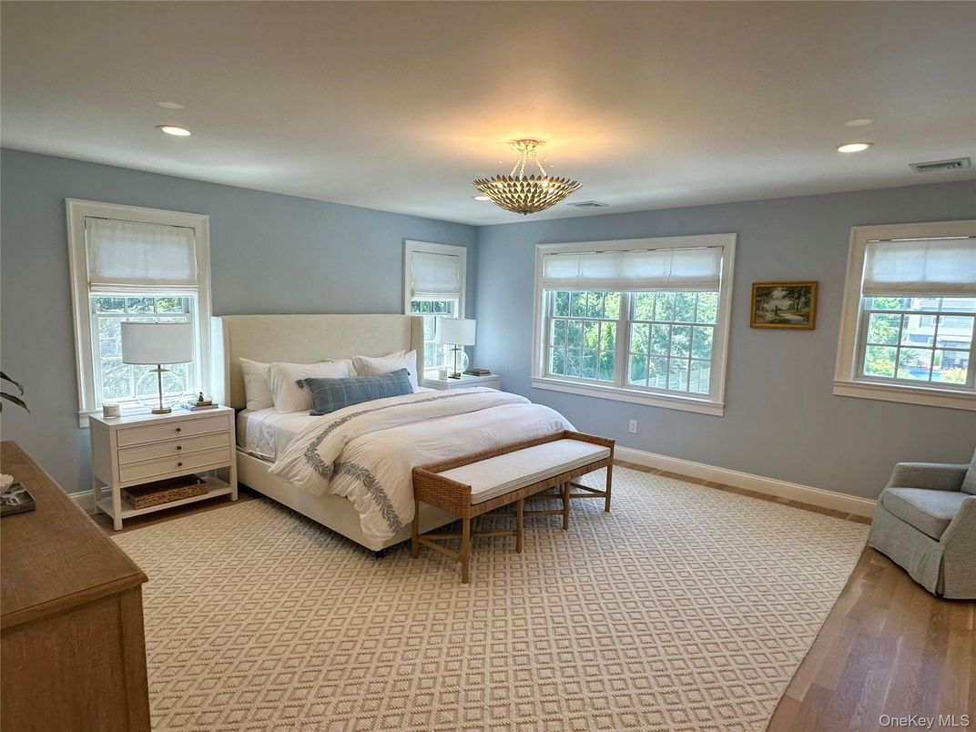 Bedroom, Chandelier, Interior, Recessed Lighting, Wood Texture Flooring