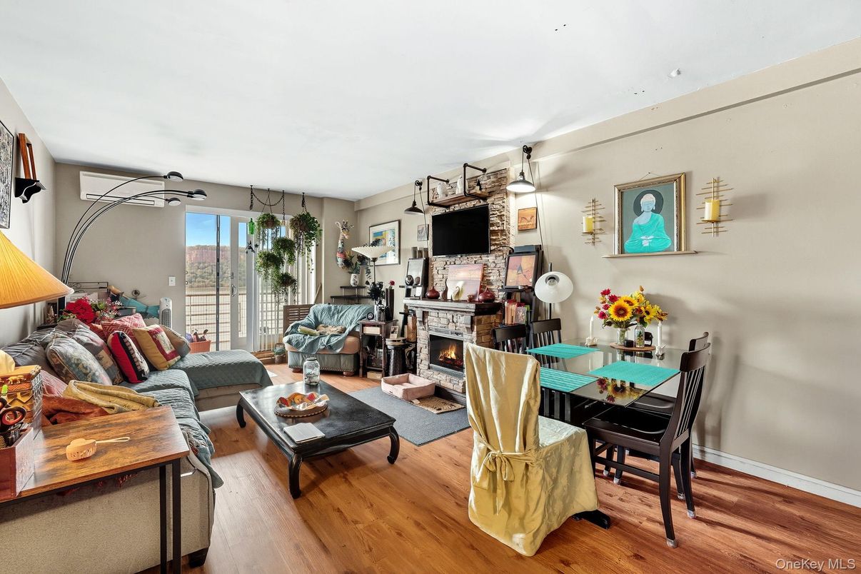 Dining room, Fireplace, Interior, Living room, Wood Texture Flooring