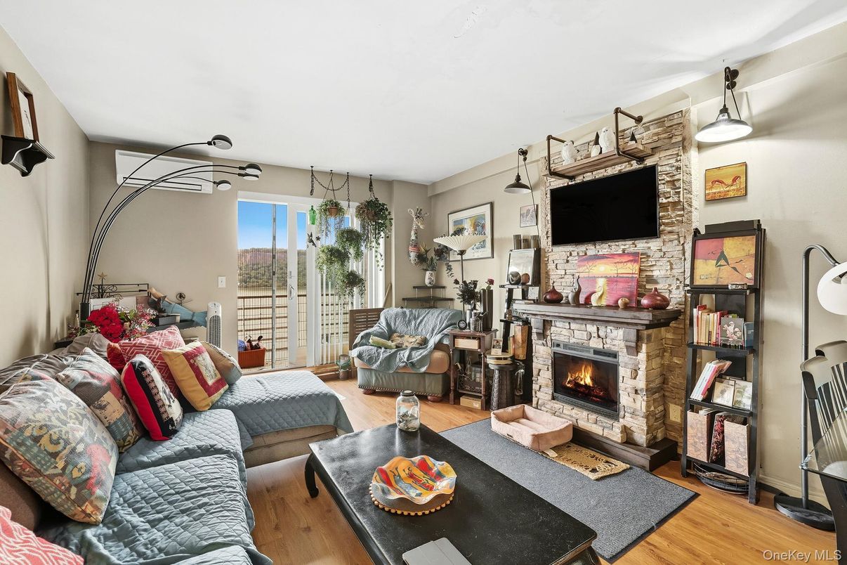 Fireplace, Interior, Living room, Stone Walls, Wood Texture Flooring