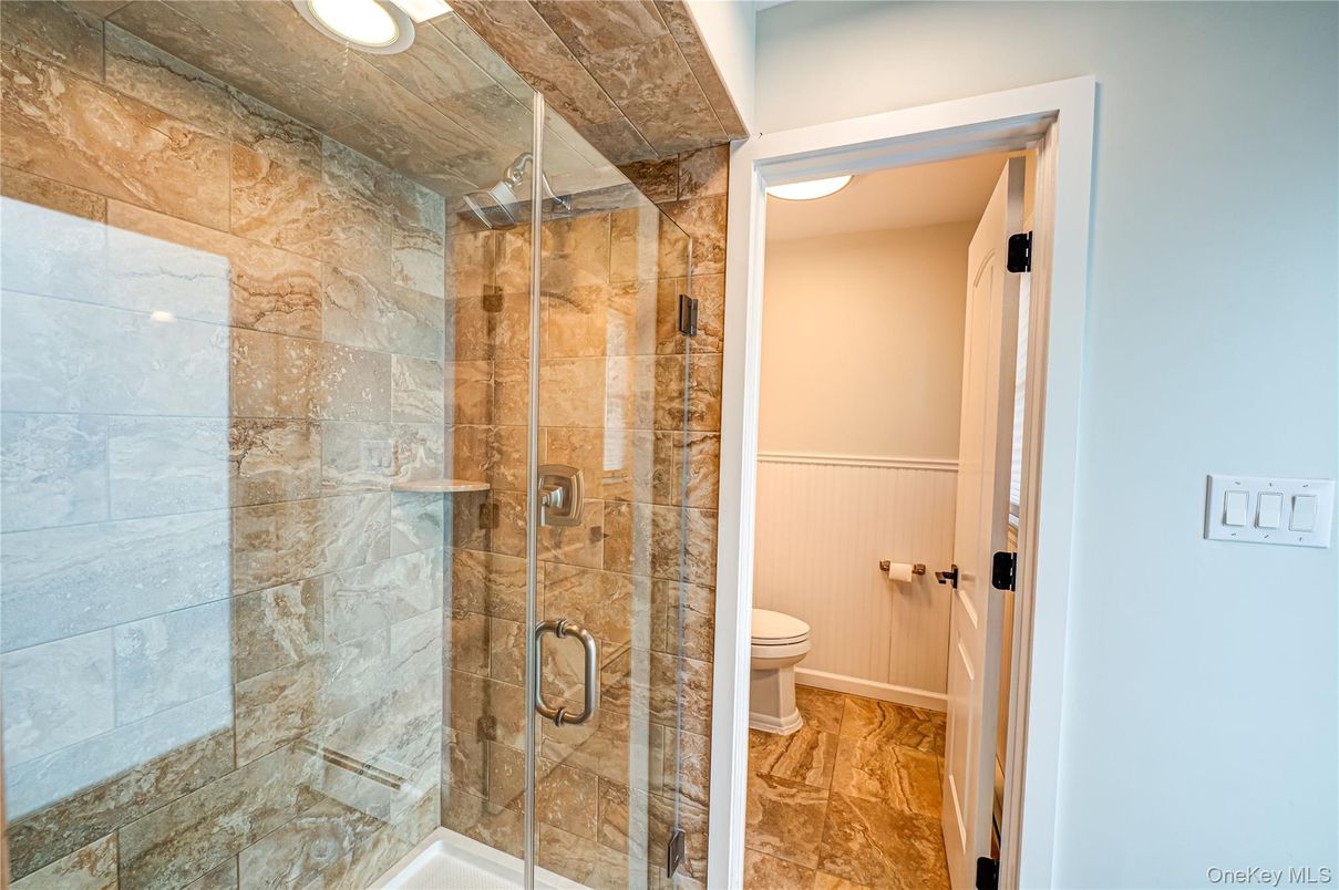 Bathroom, Glass Shower, Interior, Recessed Lighting, Wood Texture Flooring
