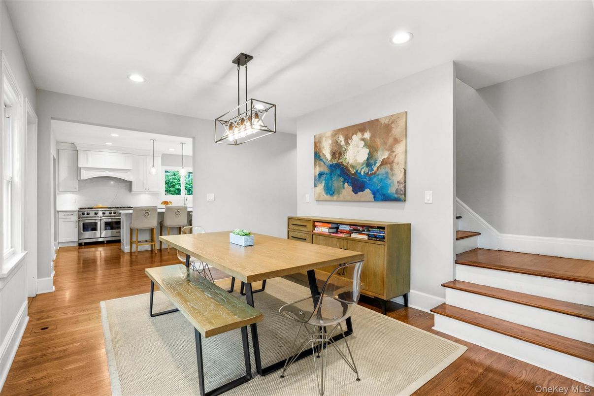 Dining room, Interior, Kitchen, Pendant Lights, Recessed Lighting, Stainless Steel Appliances, Wood Texture Flooring