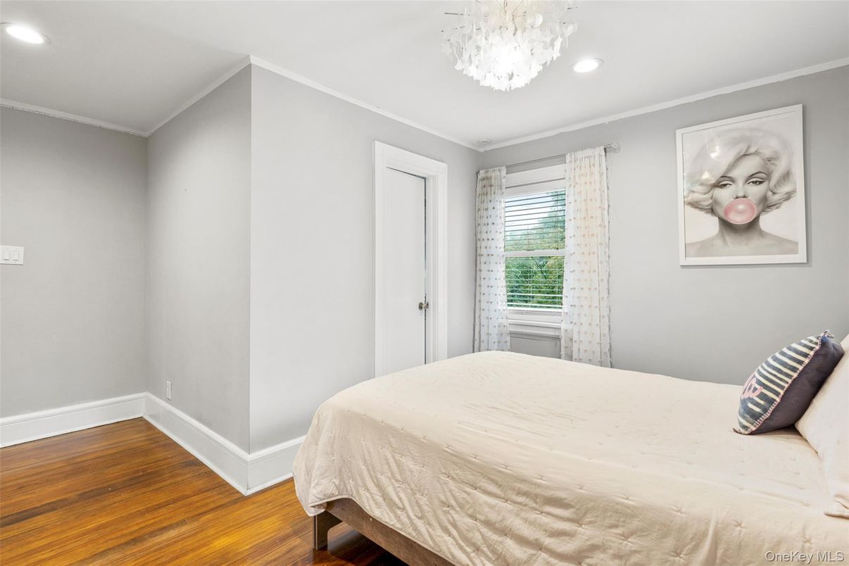 Bedroom, Chandelier, Interior, Recessed Lighting, Wood Texture Flooring
