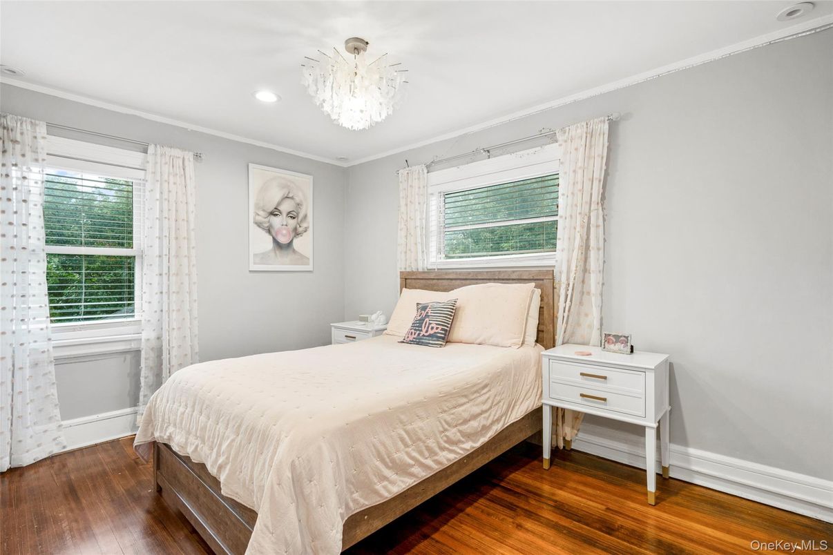 Bedroom, Chandelier, Interior, Recessed Lighting, Wood Texture Flooring