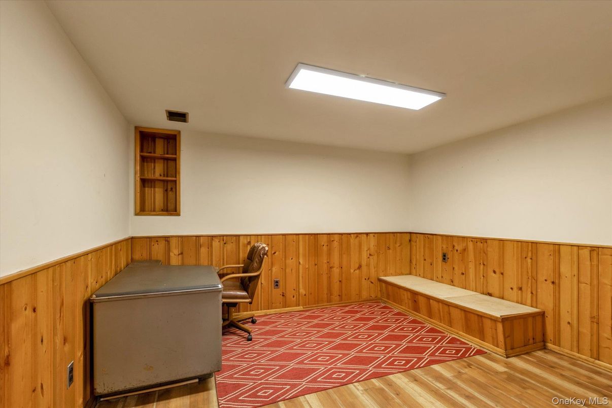 Home Office, Interior, Recessed Lighting, Wood Texture Flooring, Wooden Walls