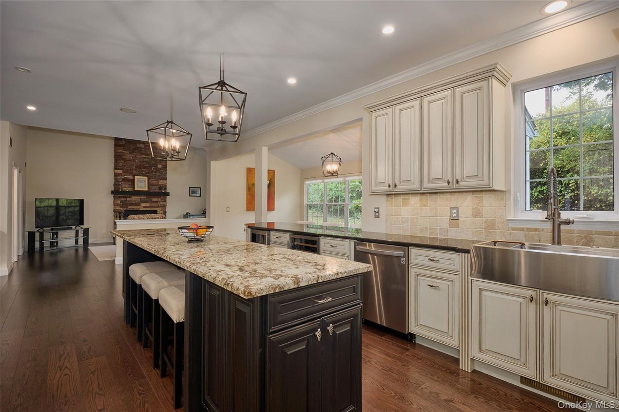 Interior, Kitchen, Pendant Lights, Recessed Lighting, Stainless Steel Appliances, Stone Walls, Wood Texture Flooring