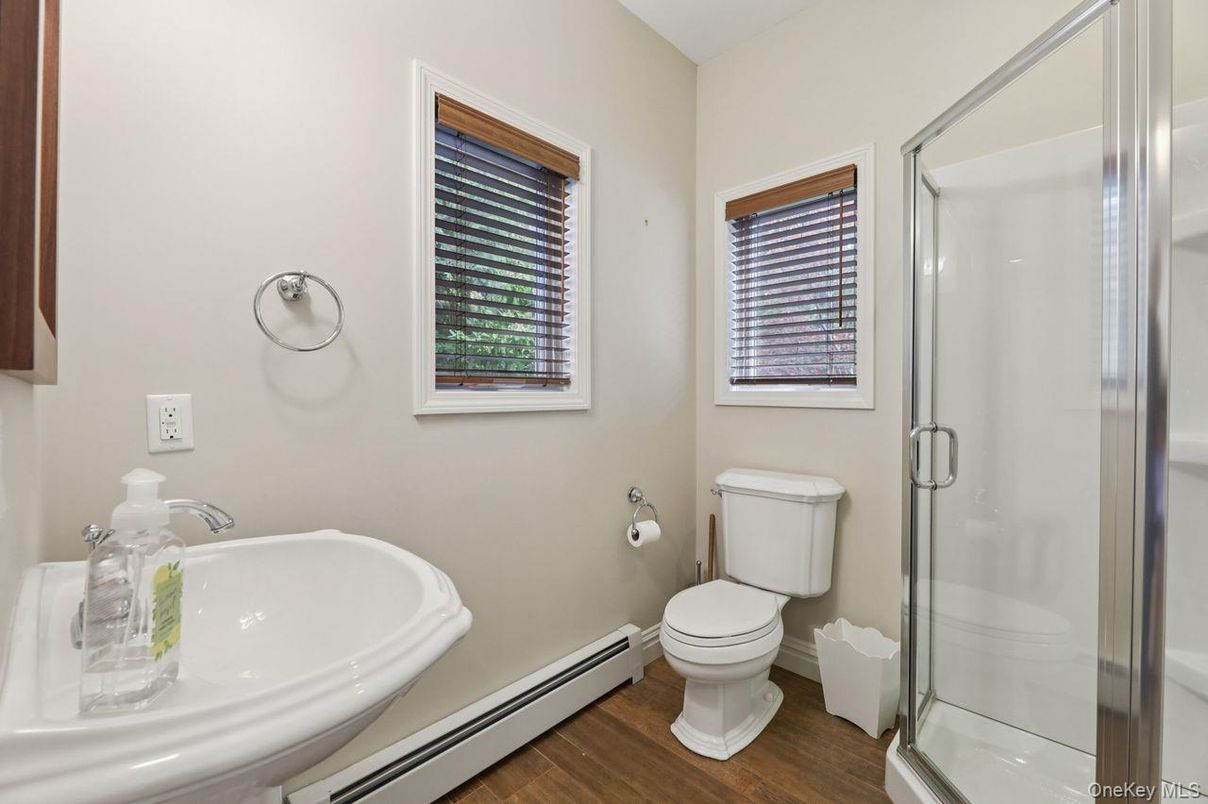 Bathroom, Glass Shower, Interior, Wood Texture Flooring