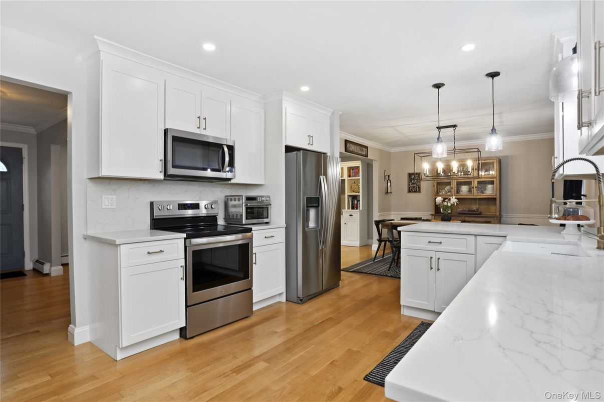 Interior, Kitchen, Pendant Lights, Recessed Lighting, Stainless Steel Appliances, Wood Texture Flooring
