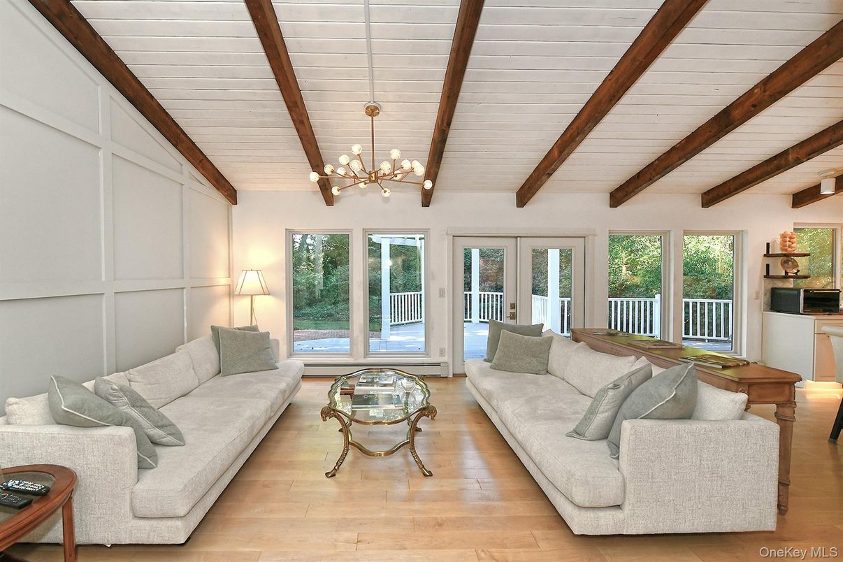 Chandelier, Interior, Living room, Wooden Beams, Wood Texture Flooring