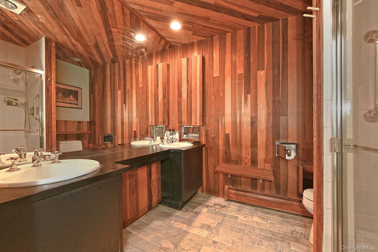 Bathroom, Dual Sink Vanities, Glass Shower, Interior, Recessed Lighting, Wooden Ceilings, Wooden Walls