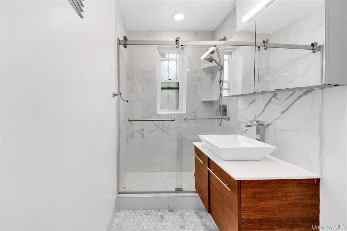 Bathroom, Glass Shower, Interior, Marble Walls, Recessed Lighting