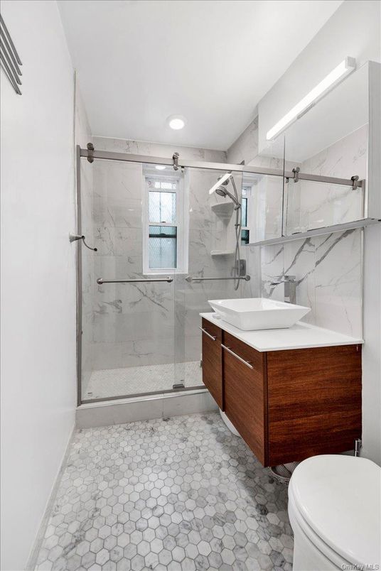 Bathroom, Glass Shower, Interior, Marble Walls, Recessed Lighting