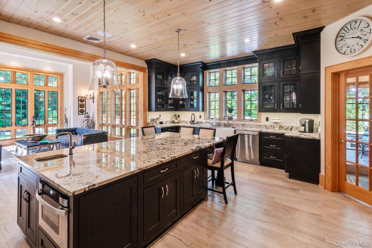 Interior, Kitchen, Pendant Lights, Recessed Lighting, Stainless Steel Appliances, Wooden Ceilings, Wood Texture Flooring