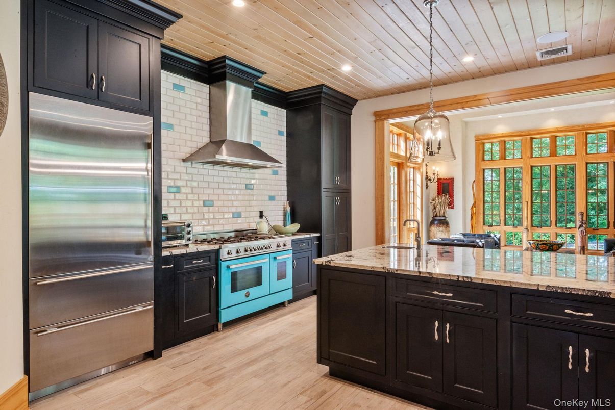 Interior, Kitchen, Pendant Lights, Recessed Lighting, Stainless Steel Appliances, Wooden Ceilings, Wood Texture Flooring