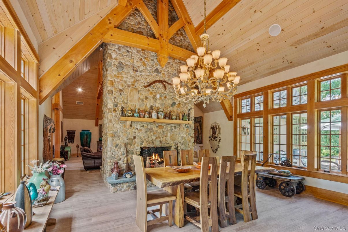 Chandelier, Dining room, Fireplace, Interior, Wooden Beams, Wooden Ceilings, Wood Texture Flooring