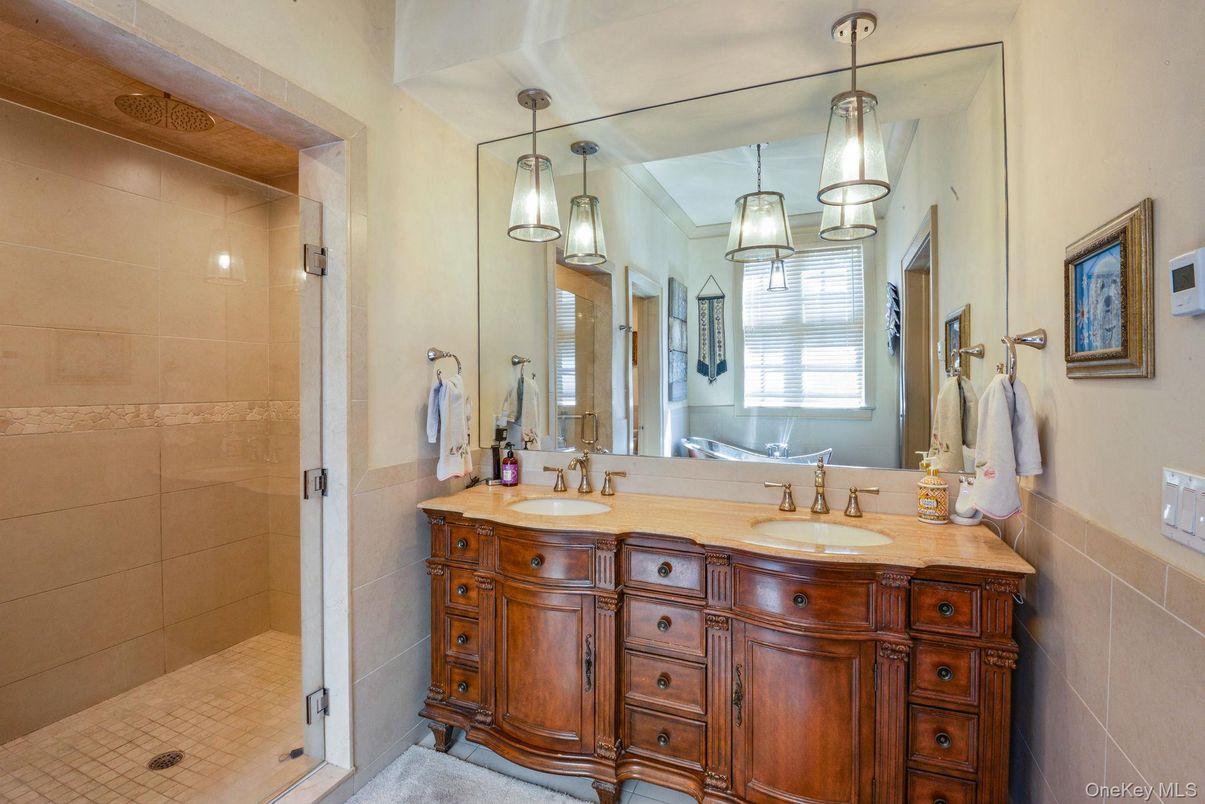 Bathroom, Dual Sink Vanities, Glass Shower, Interior, Pendant Lights