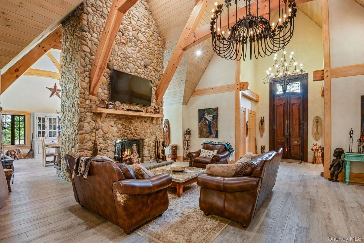 Chandelier, Fireplace, Interior, Living room, Stone Walls, Wooden Beams, Wooden Ceilings, Wood Texture Flooring
