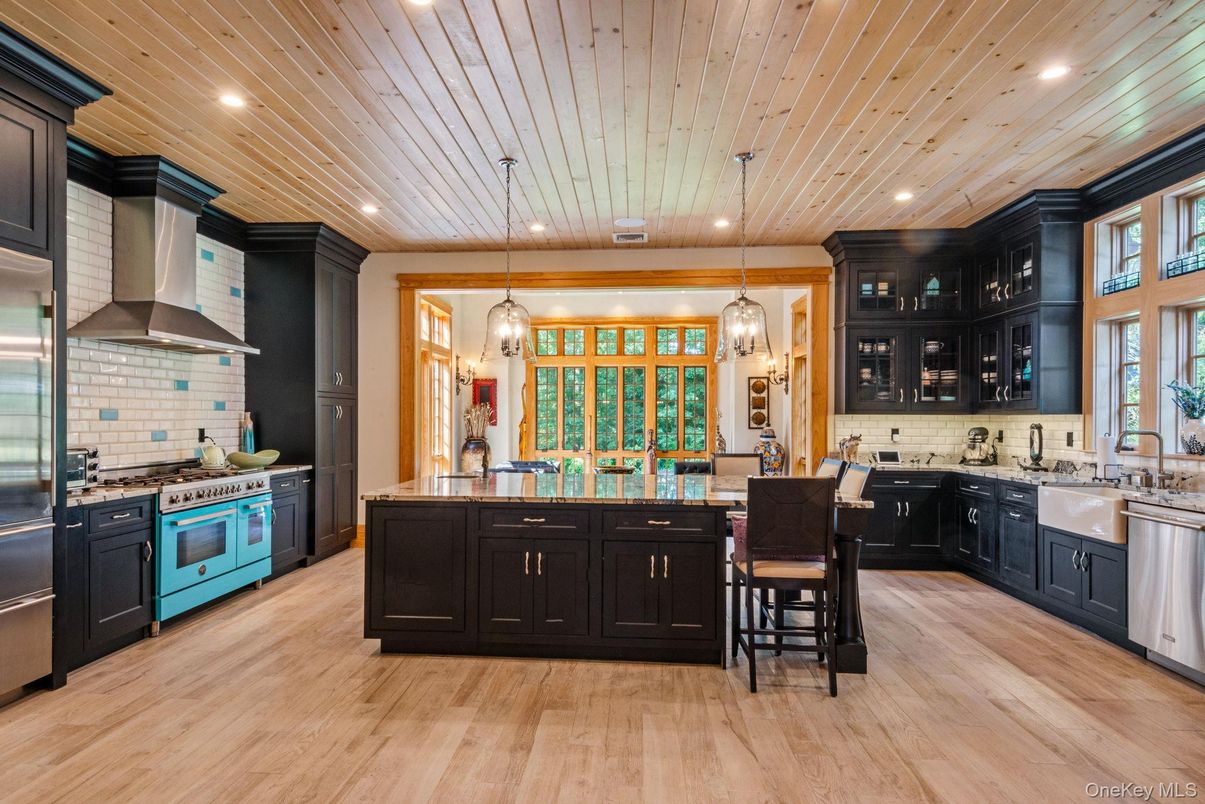 Interior, Kitchen, Pendant Lights, Recessed Lighting, Stainless Steel Appliances, Wooden Ceilings, Wood Texture Flooring