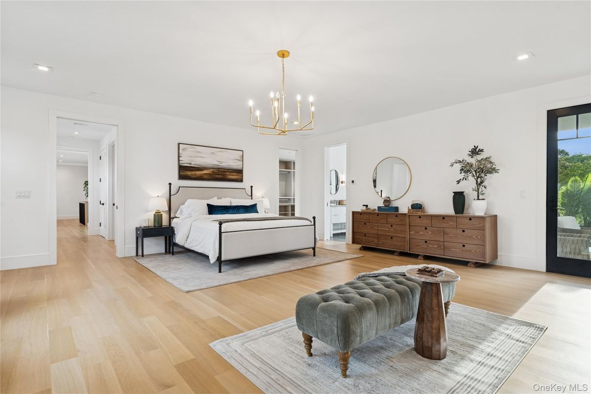 Bedroom, Chandelier, Interior, Pendant Lights, Recessed Lighting, Wood Texture Flooring