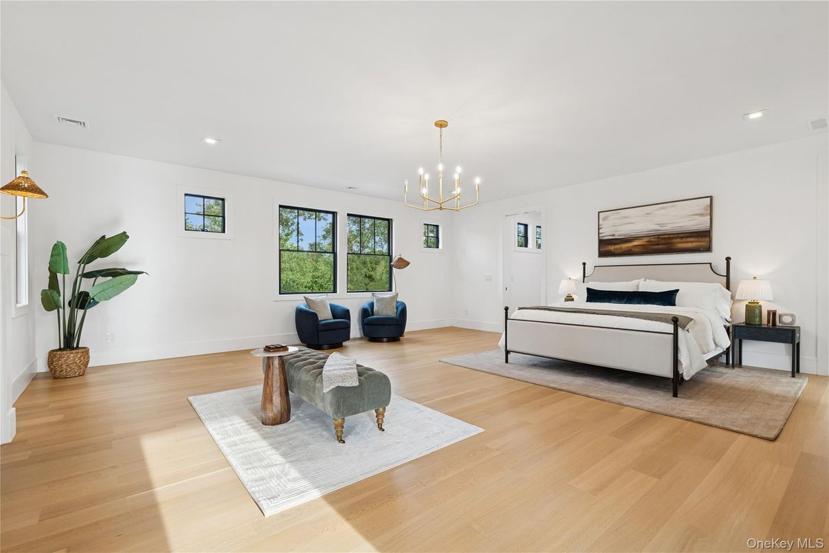 Bedroom, Interior, Pendant Lights, Recessed Lighting, Wood Texture Flooring