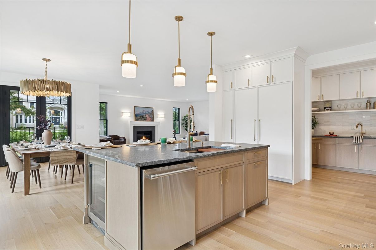 Dining room, Fireplace, Interior, Kitchen, Living room, Pendant Lights, Recessed Lighting, Wood Texture Flooring
