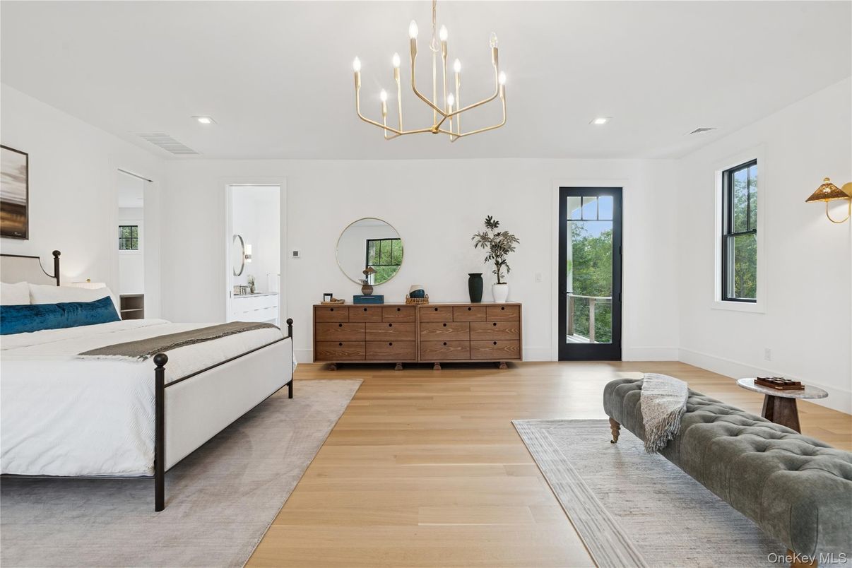 Bedroom, Chandelier, Interior, Recessed Lighting, Wood Texture Flooring