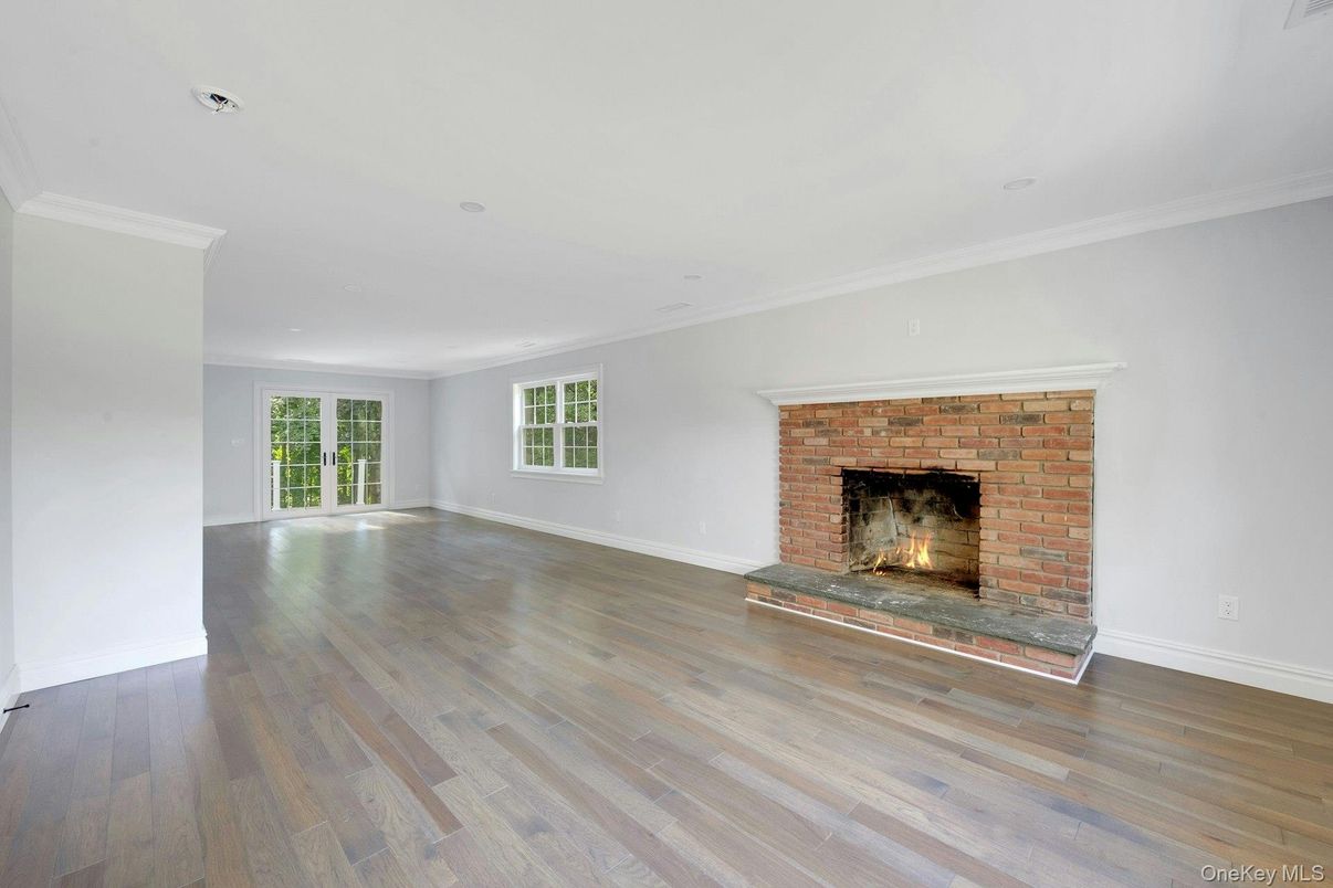 Empty room, Fireplace, Interior, Recessed Lighting, Wood Texture Flooring
