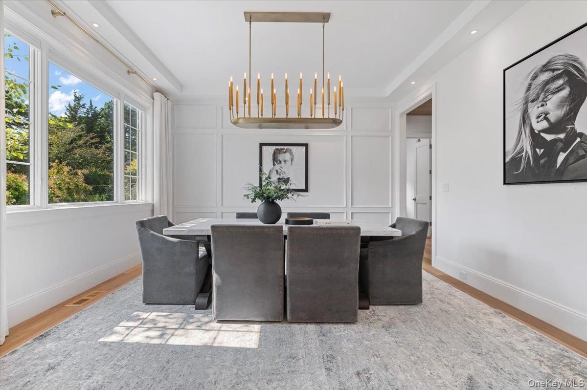 Dining room, Interior, Pendant Lights, Recessed Lighting, Wood Texture Flooring