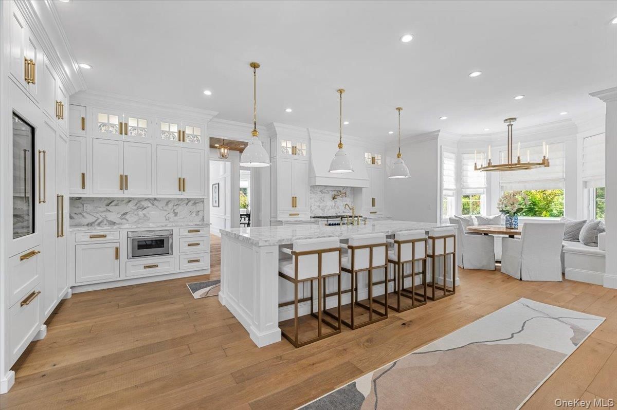 Interior, Kitchen, Marble Walls, Pendant Lights, Recessed Lighting, Wood Texture Flooring