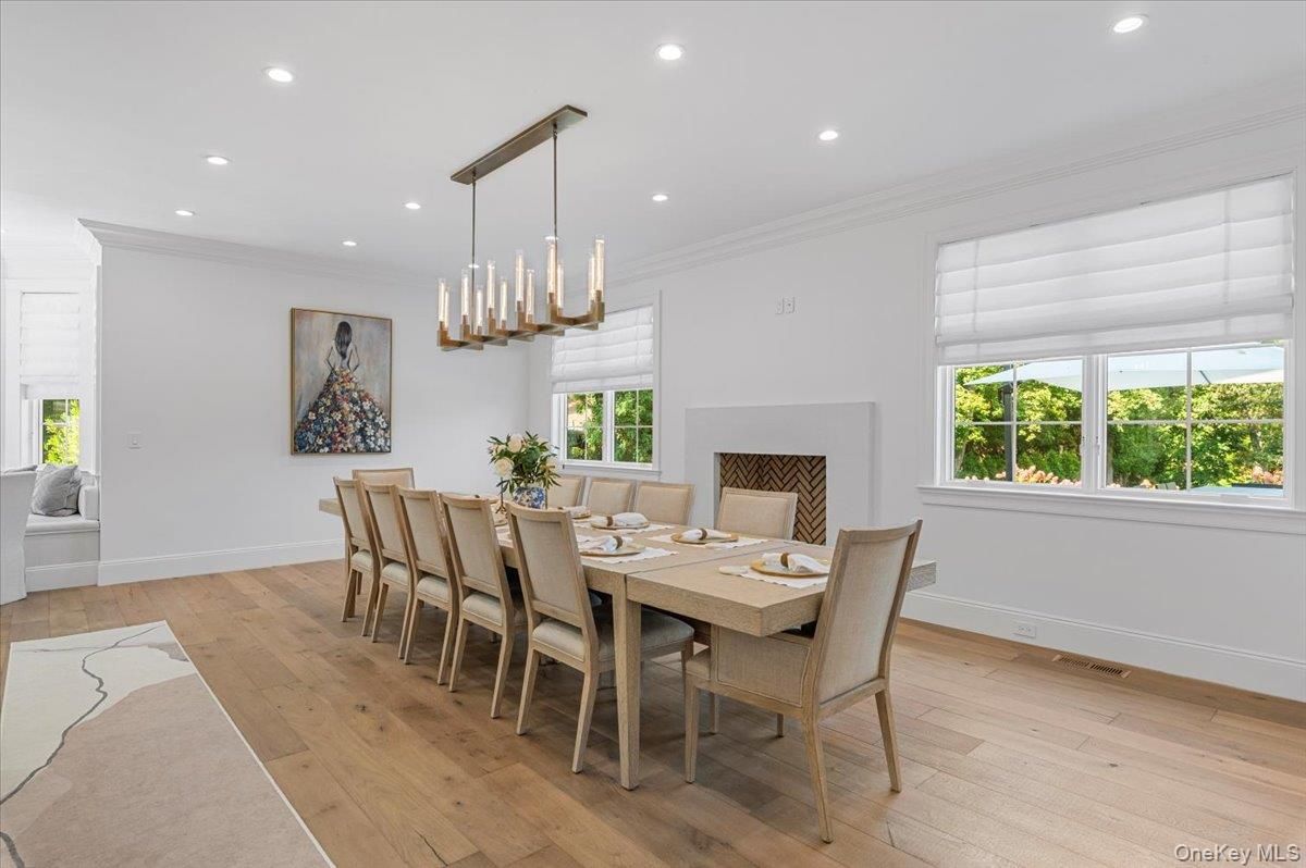 Dining room, Fireplace, Interior, Pendant Lights, Recessed Lighting, Wood Texture Flooring