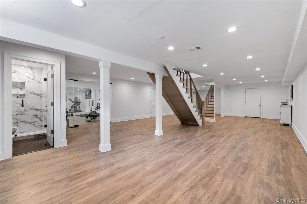 Interior, Marble Walls, Recessed Lighting, Wood Texture Flooring