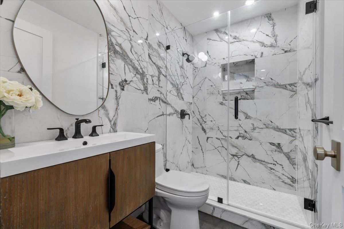 Bathroom, Glass Shower, Interior, Marble Walls, Recessed Lighting