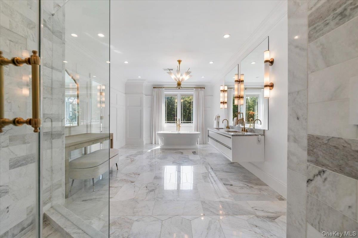 Bathroom, Free Standing Baths, Glass Shower, Interior, Marble, Marble Walls, Recessed Lighting