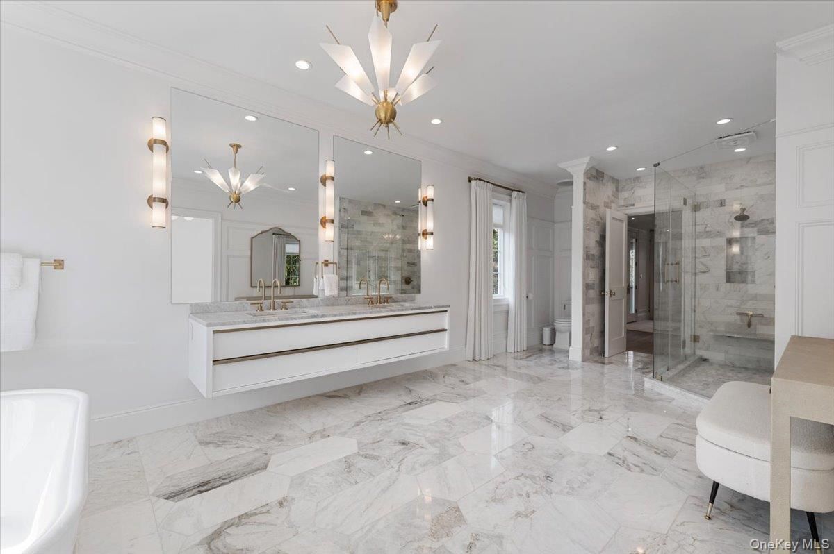 Bathroom, Glass Shower, Interior, Marble, Pendant Lights, Recessed Lighting