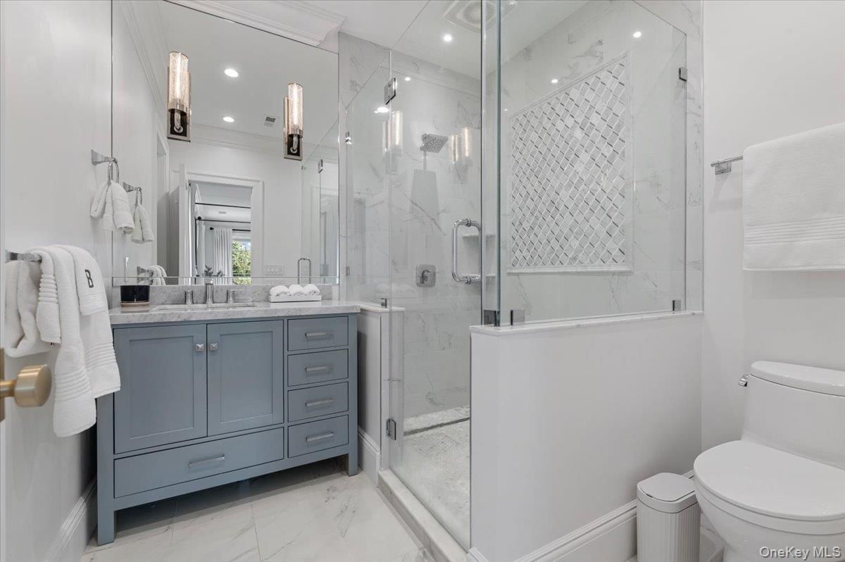 Bathroom, Glass Shower, Interior, Marble, Marble Walls, Recessed Lighting