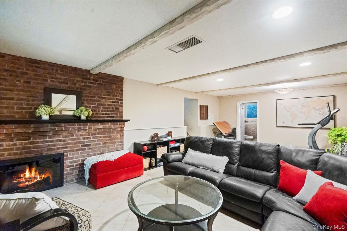 Fireplace, Interior, Living room, Recessed Lighting, Stone Walls