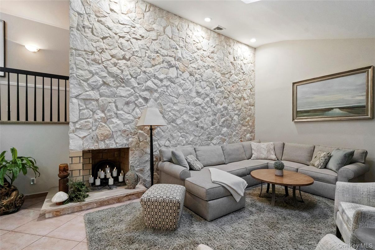 Fireplace, Interior, Living room, Recessed Lighting, Stone Walls