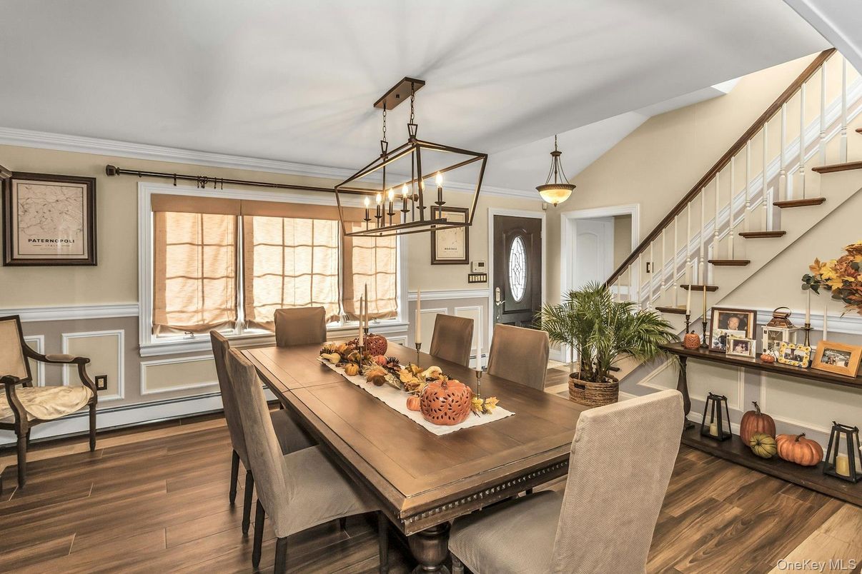 Dining room, Interior, Pendant Lights, Wood Texture Flooring