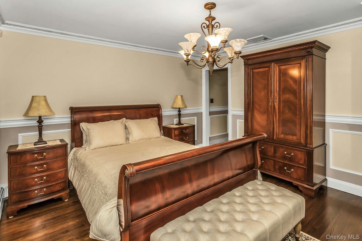 Bedroom, Chandelier, Interior, Wood Texture Flooring