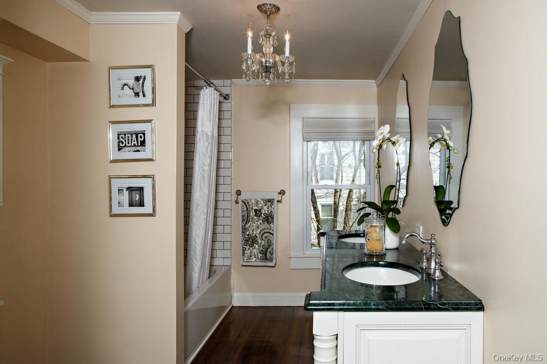 Bathroom, Chandelier, Interior, Wood Texture Flooring
