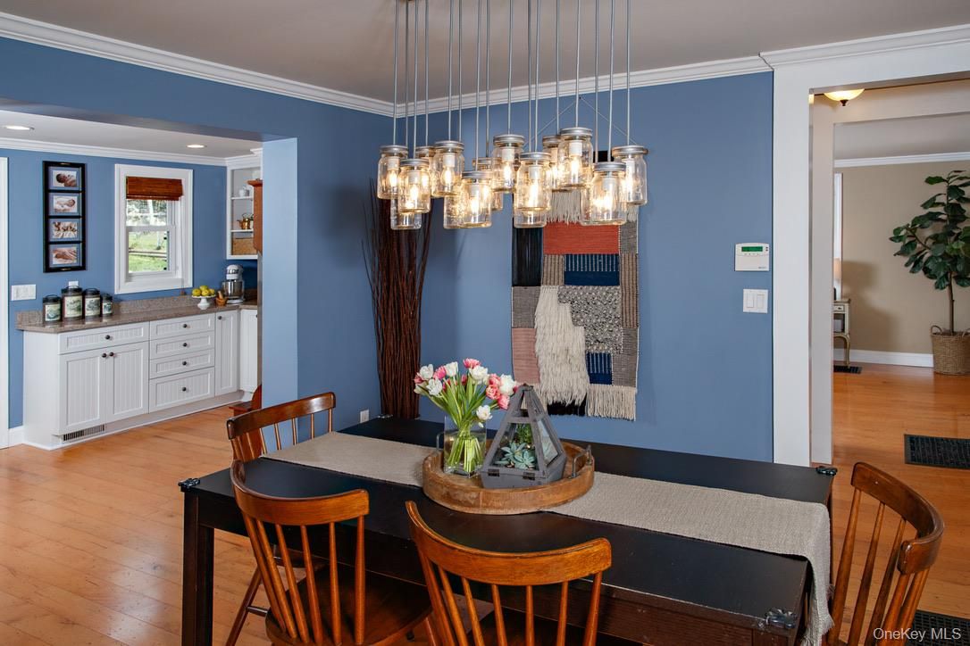Dining room, Interior, Pendant Lights, Recessed Lighting, Wood Texture Flooring