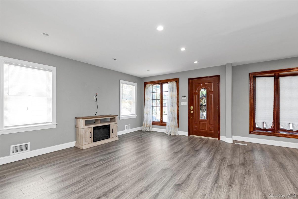 Empty room, Fireplace, Interior, Recessed Lighting, Wood Texture Flooring